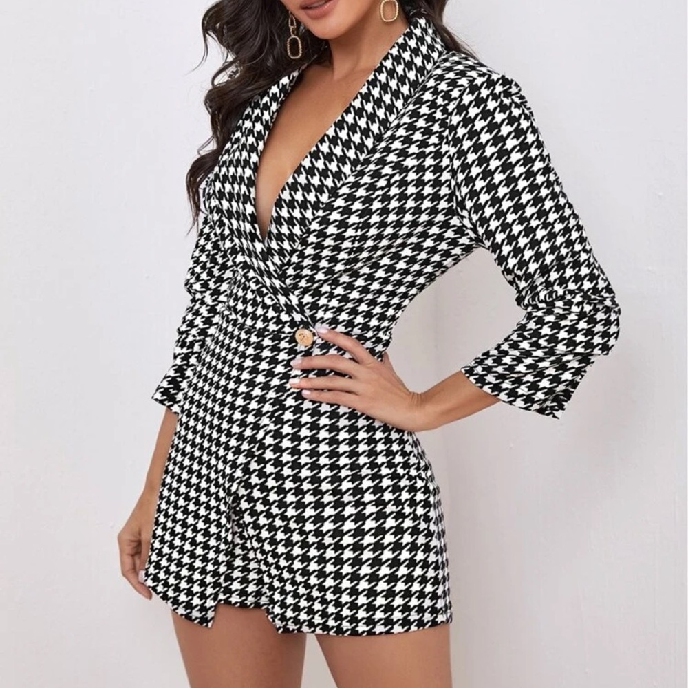 Shawl collar skort houndstooth romper - Picture 1 of 2